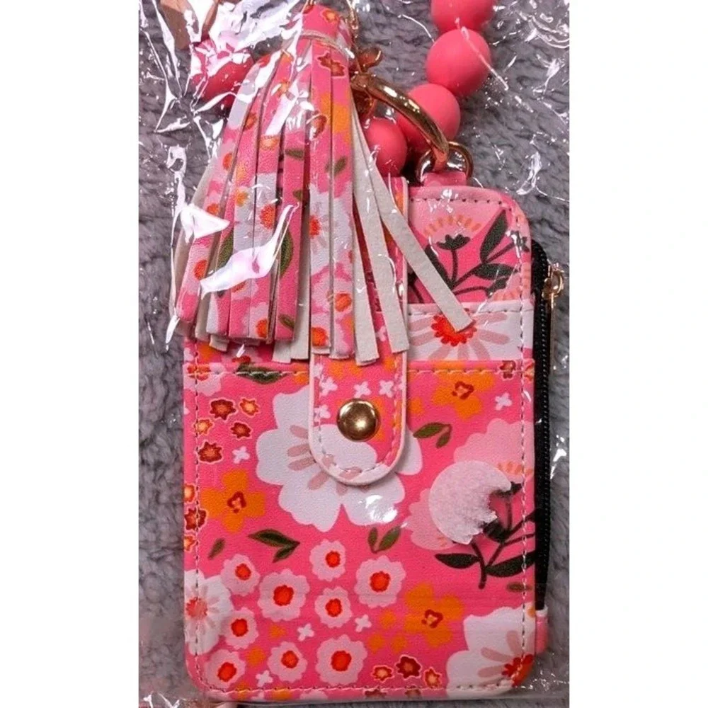 Unbranded Card Holder Keychain Women OS Pink Floral Wristlet Tassel Zipper